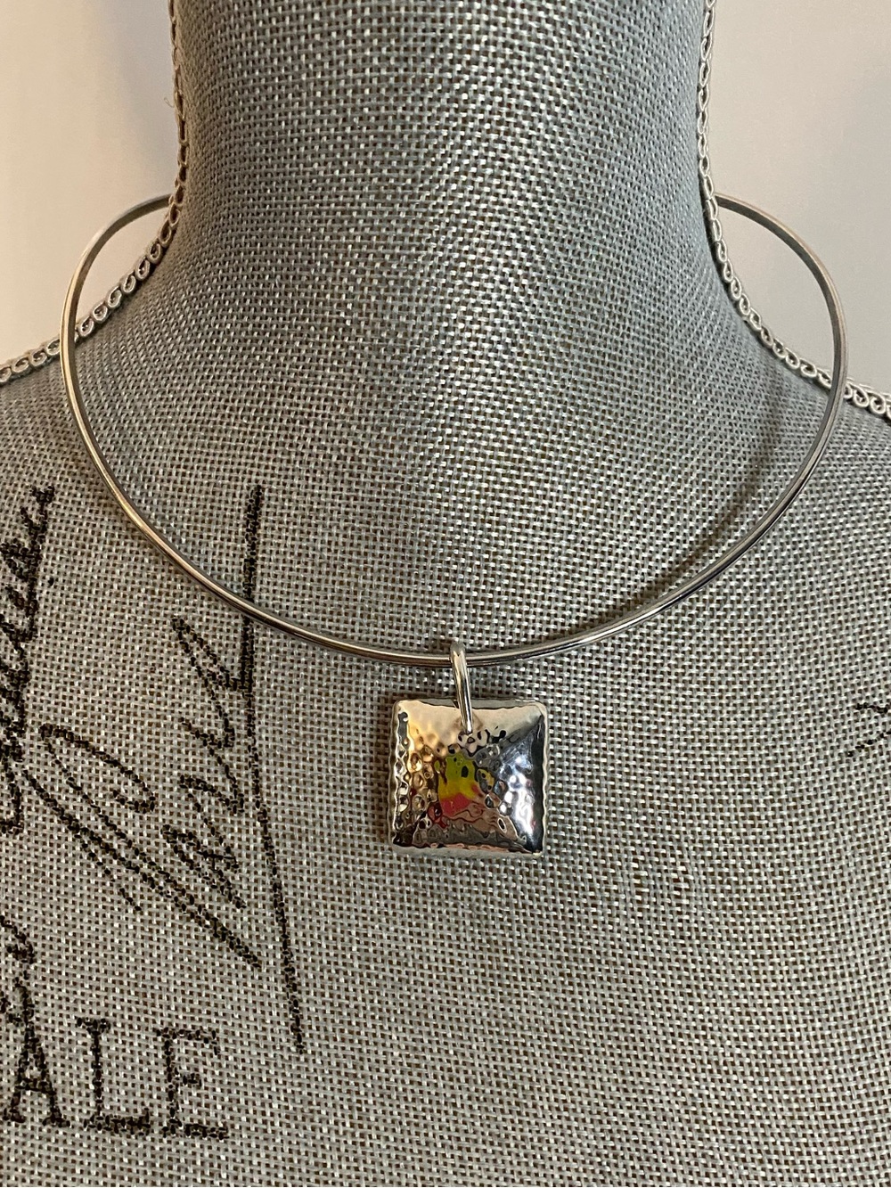 Sterling Silver Square Pendant Choker Necklace - Silver with Silver Accent